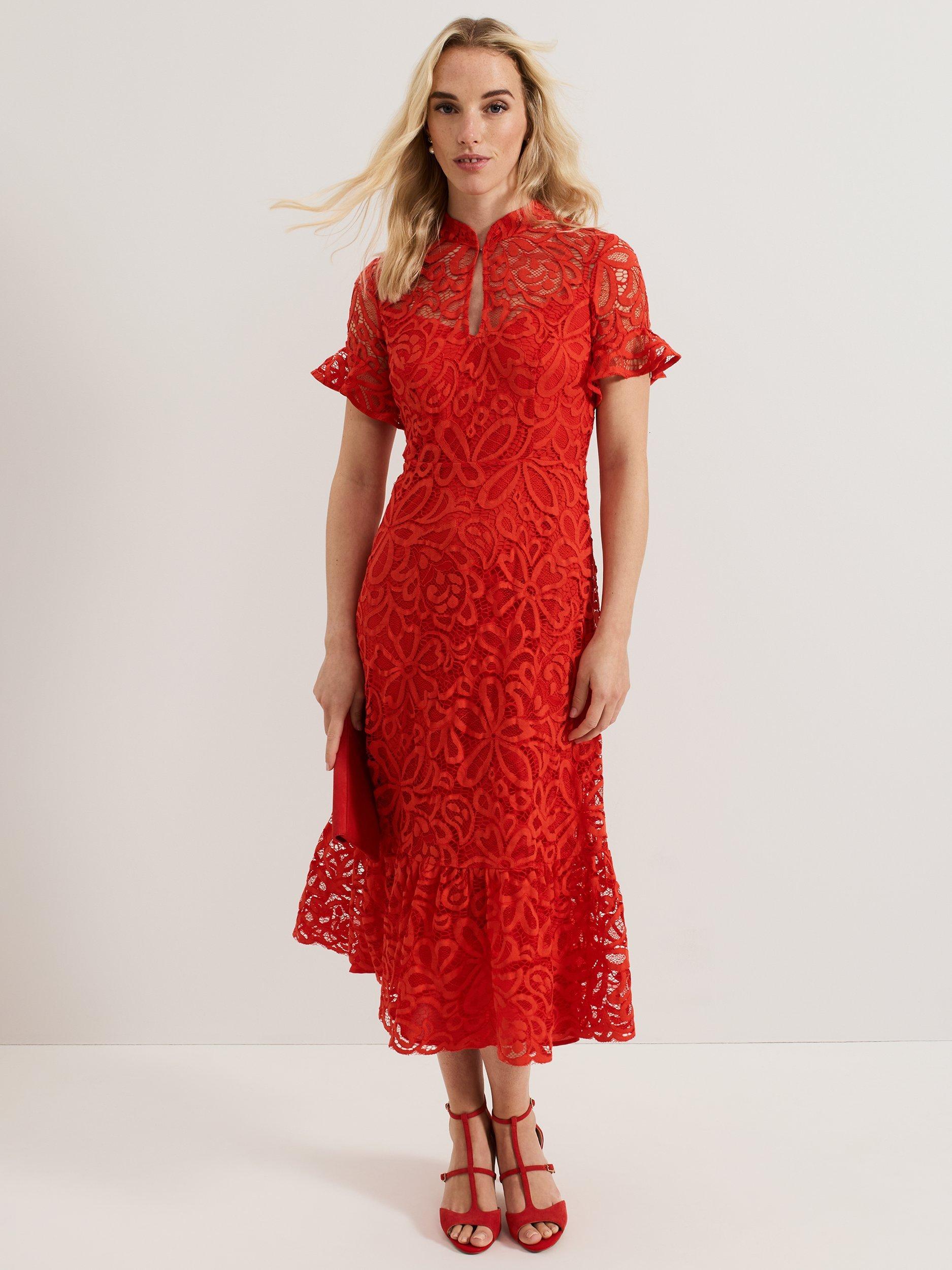 Product image 1 of 8, which shows Phase Eight Lula Lace Dress, Red, 10