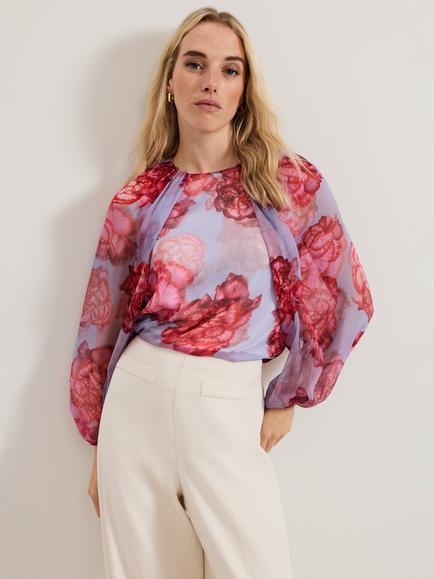 Phase Eight Amara Floral Pure Silk Top, Blue, Blue
