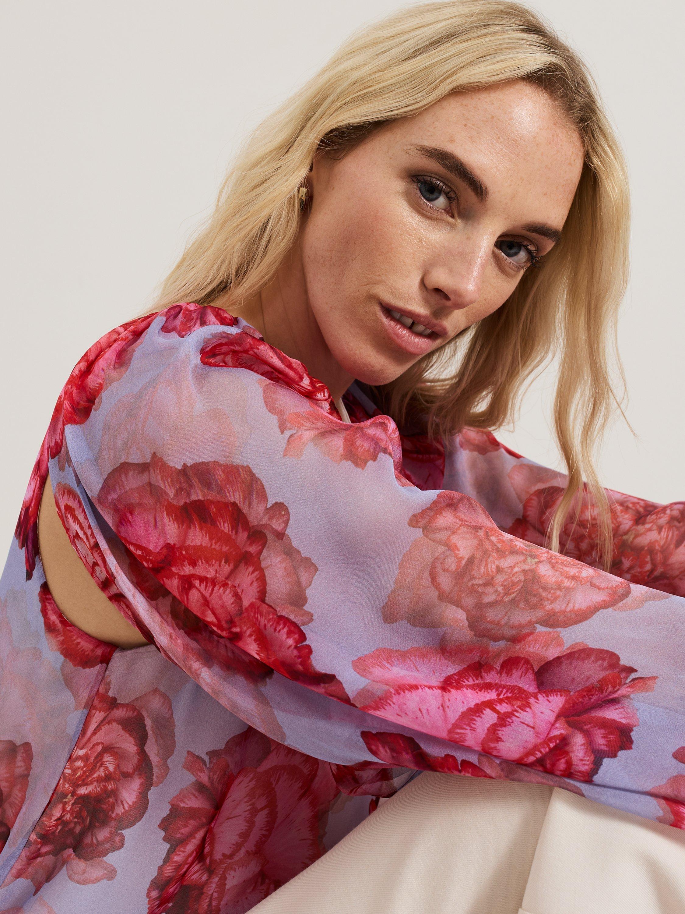 Product image 4 of 9, which shows Phase Eight Amara Floral Pure Silk Top, Blue, 8