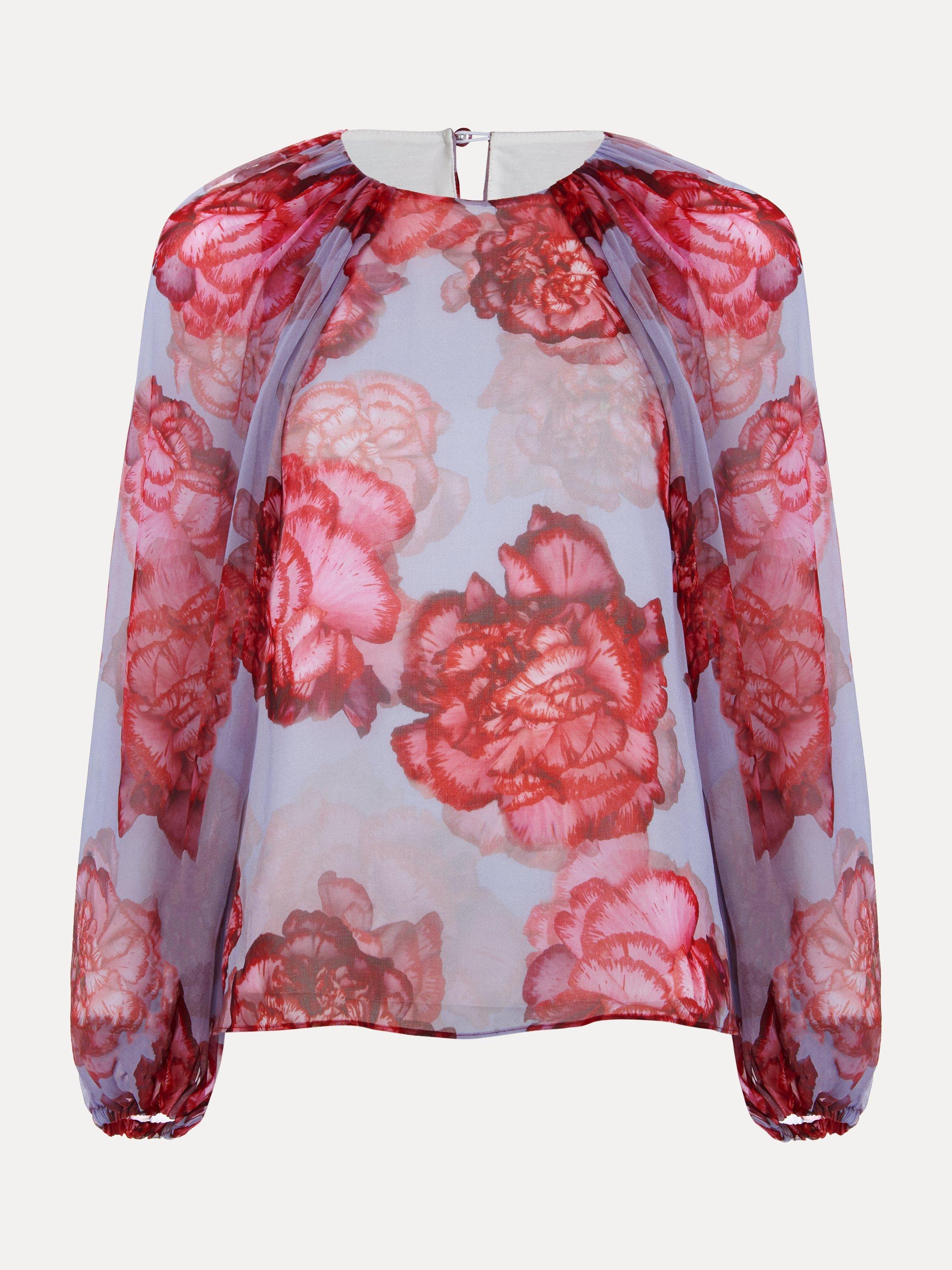 Product image 5 of 9, which shows Phase Eight Amara Floral Pure Silk Top, Blue, 8
