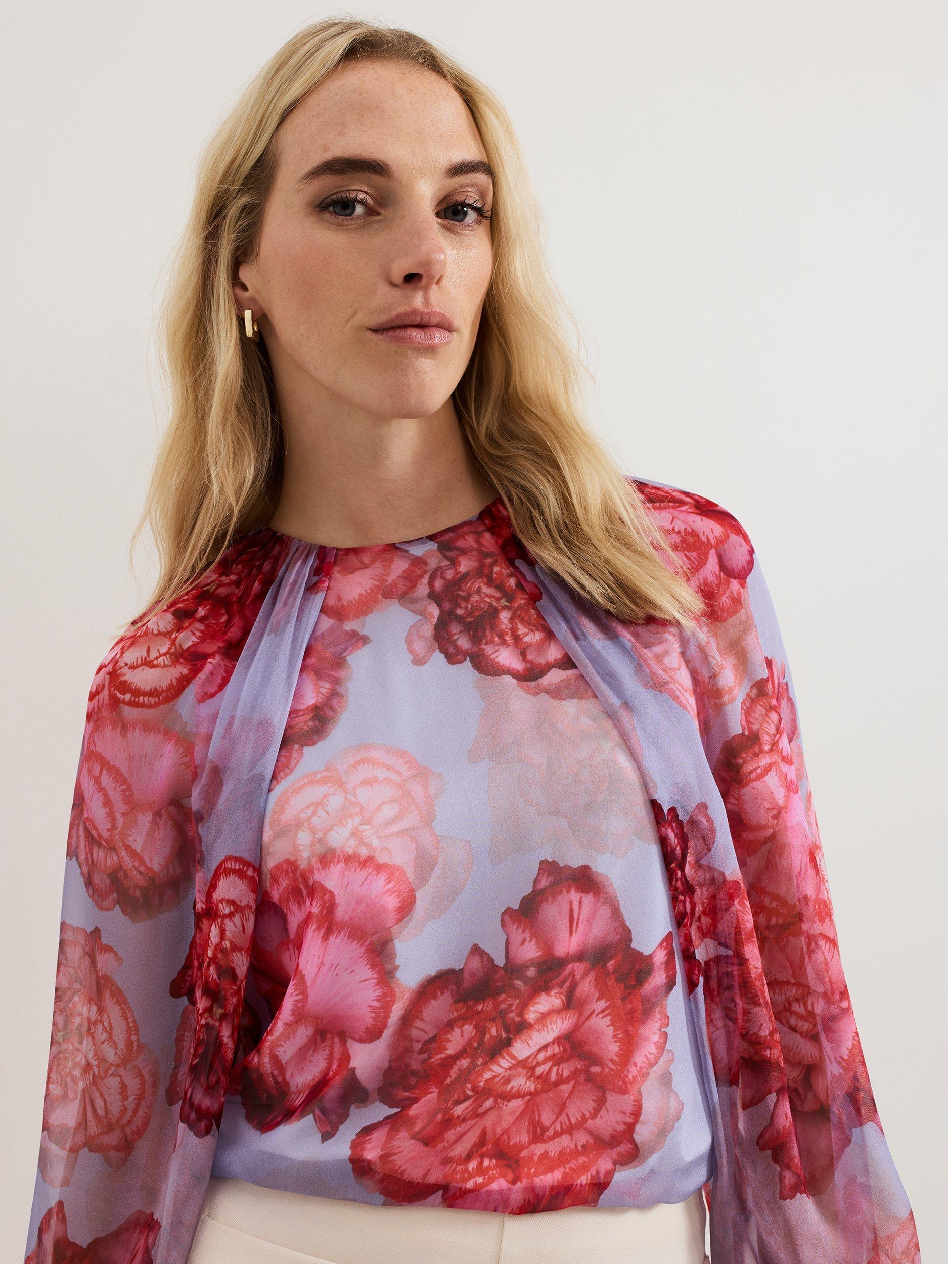 Product image 7 of 9, which shows Phase Eight Amara Floral Pure Silk Top, Blue, 8