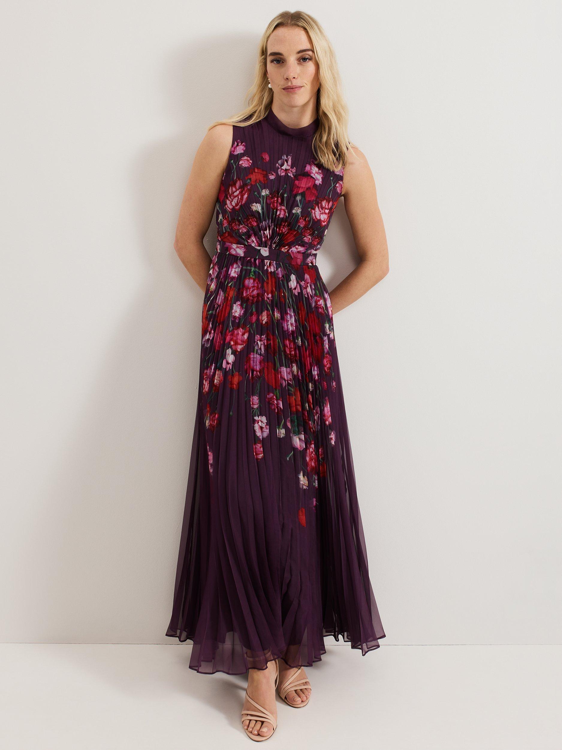 Product image 1 of 10, which shows Phase Eight Petite Dahlia Floral Dress, Burgundy/Multi, 8