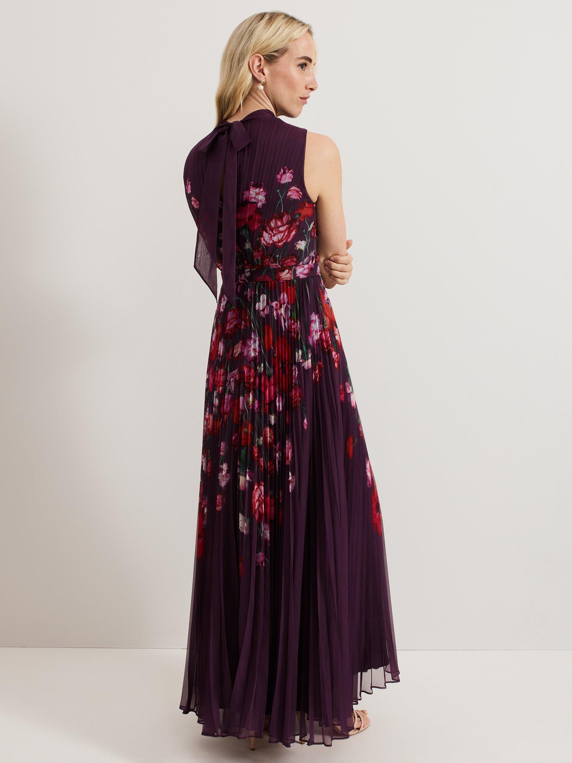 Product image 2 of 10, which shows Phase Eight Petite Dahlia Floral Dress, Burgundy/Multi, 8