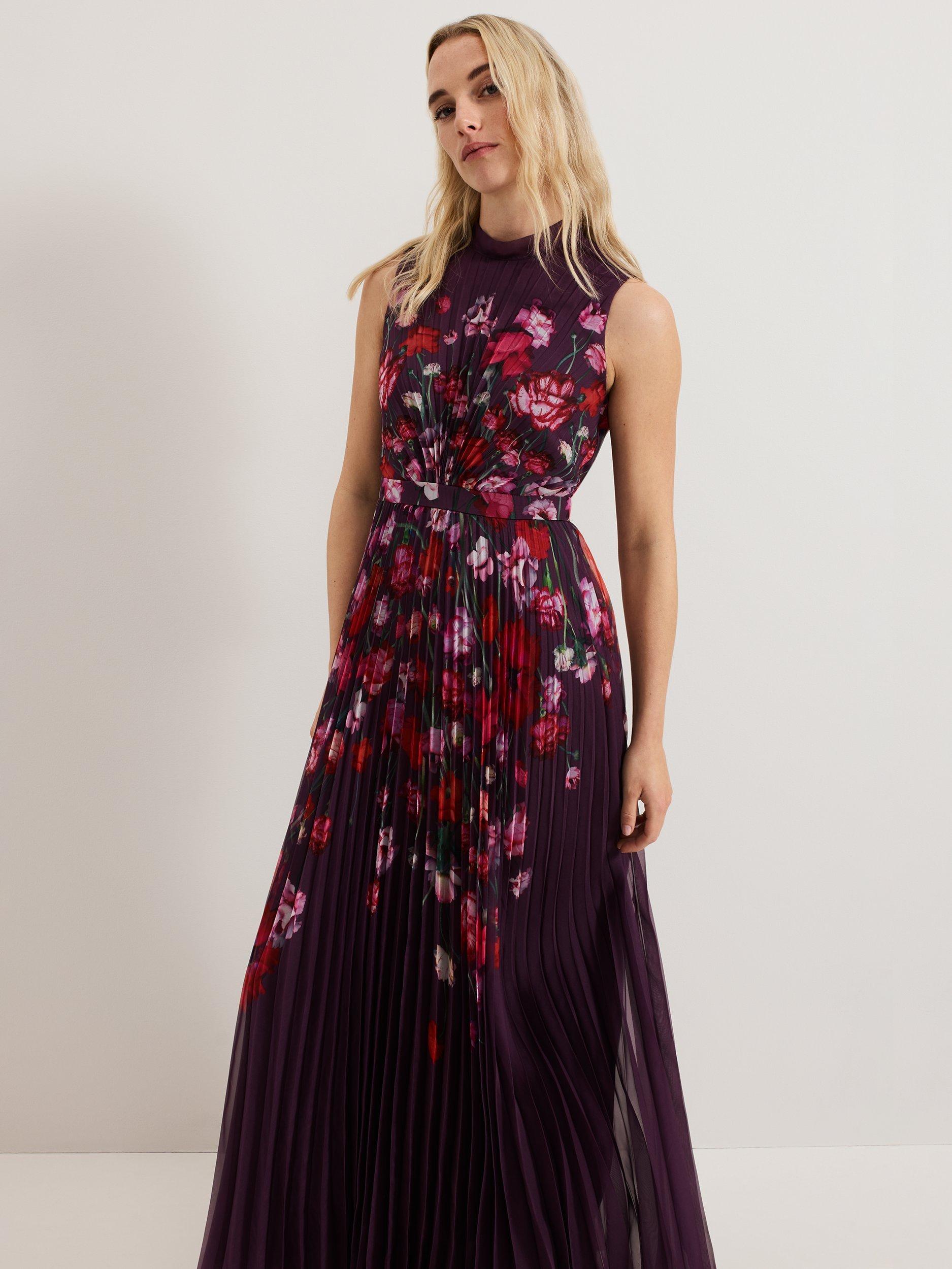 Product image 3 of 10, which shows Phase Eight Petite Dahlia Floral Dress, Burgundy/Multi, 8