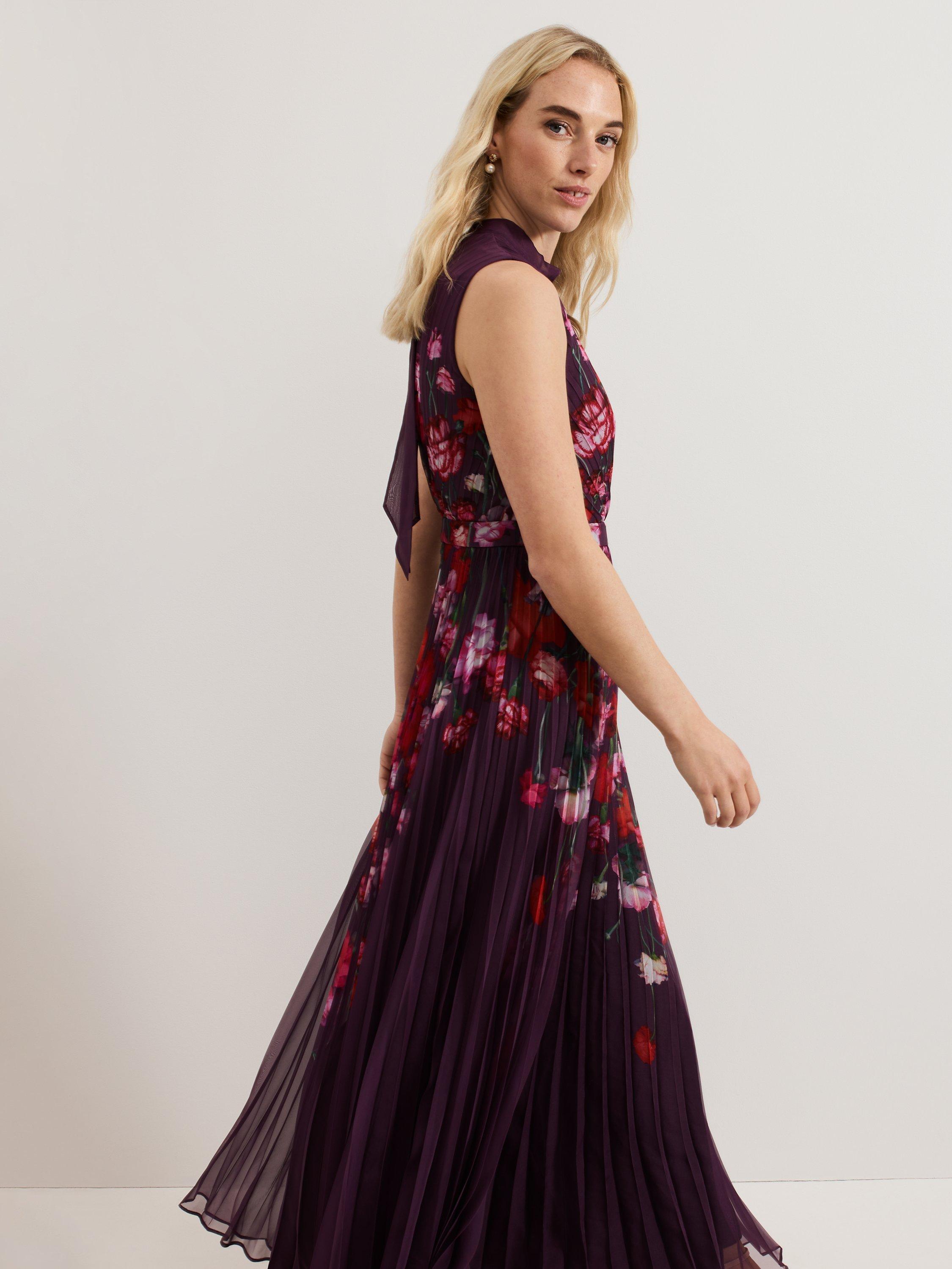 Product image 9 of 10, which shows Phase Eight Petite Dahlia Floral Dress, Burgundy/Multi, 8