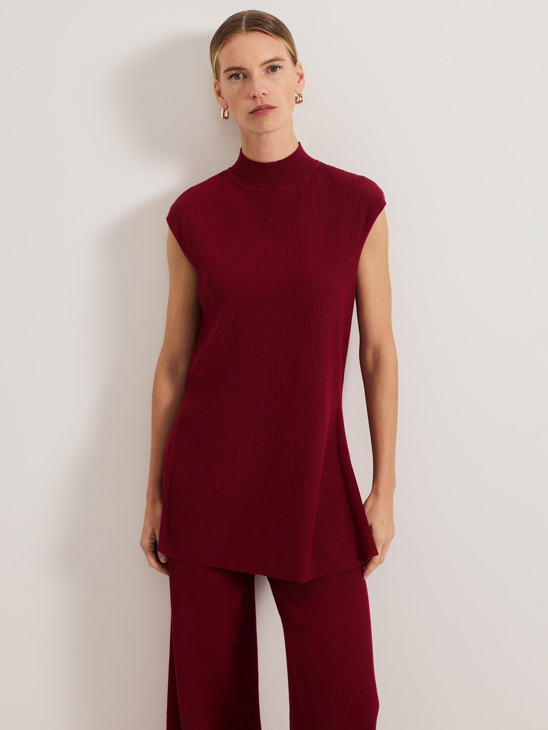 Product image 1 of 10, which shows Phase Eight Lori Ribbed Tunic Top, Burgundy, XS