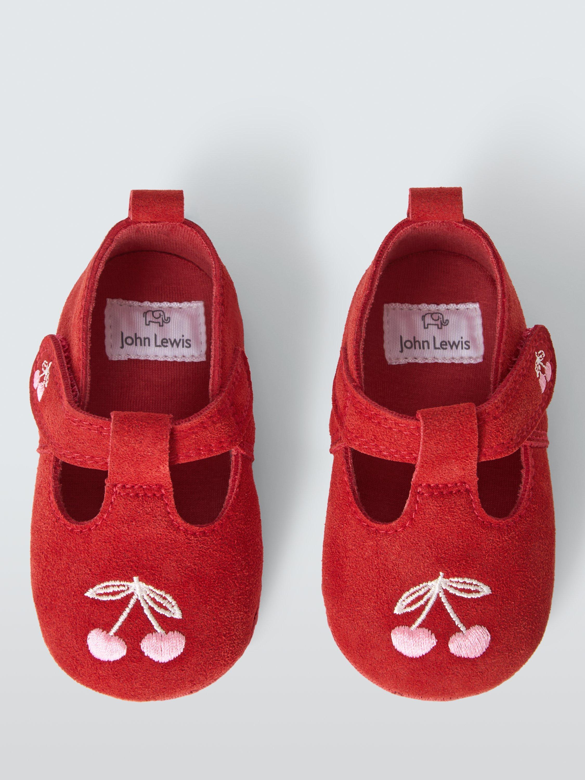 Product image 2 of 3, which shows John Lewis Baby Cherry Suede Pram Shoes, Red, 0-3 months