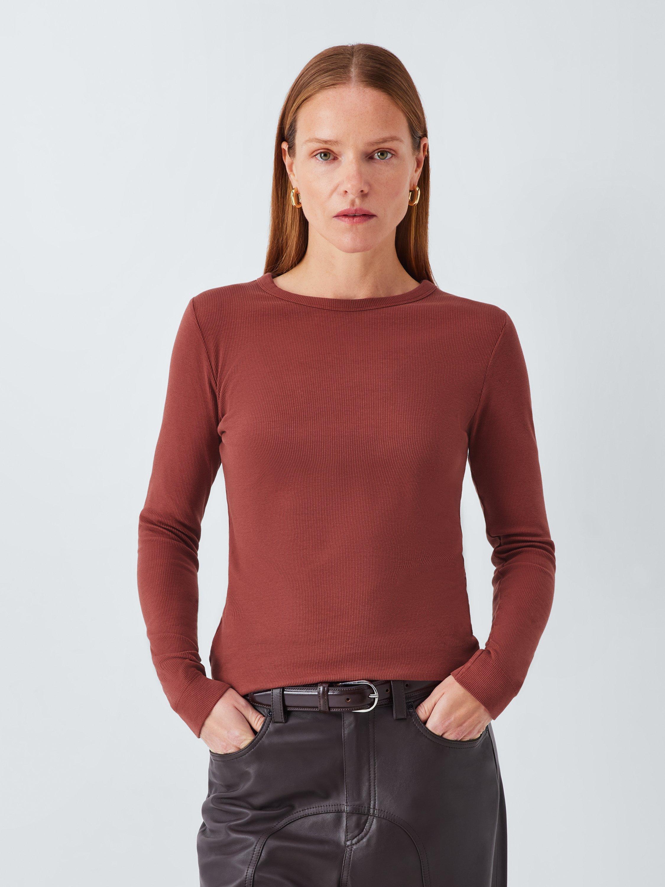 Product image 1 of 5, which shows AND/OR Ribbed Long Sleeve Jersey Top, Burgundy, 6