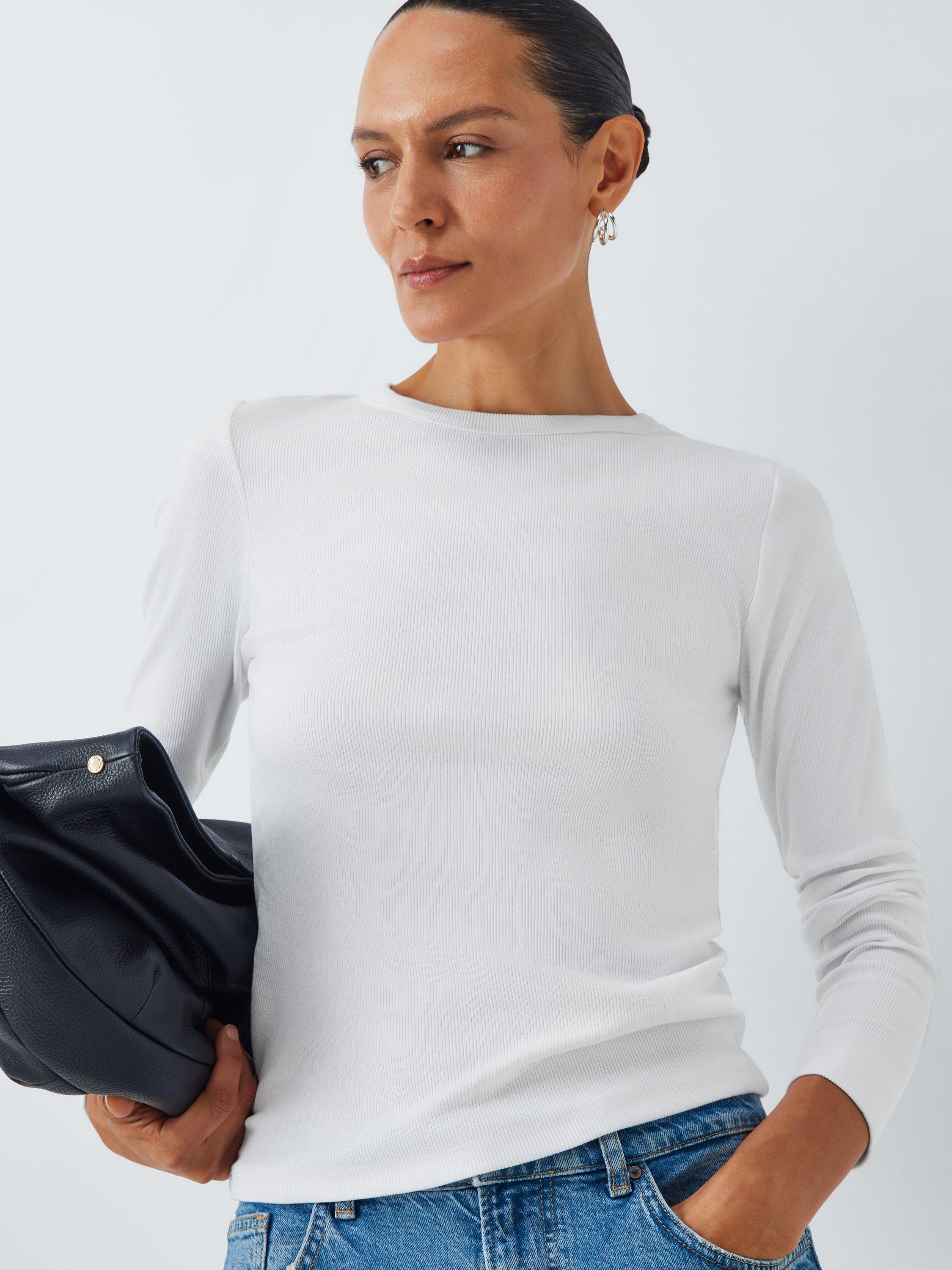 Product image 6 of 6, which shows AND/OR Ribbed Long Sleeve Crew Neck Top, White, 6