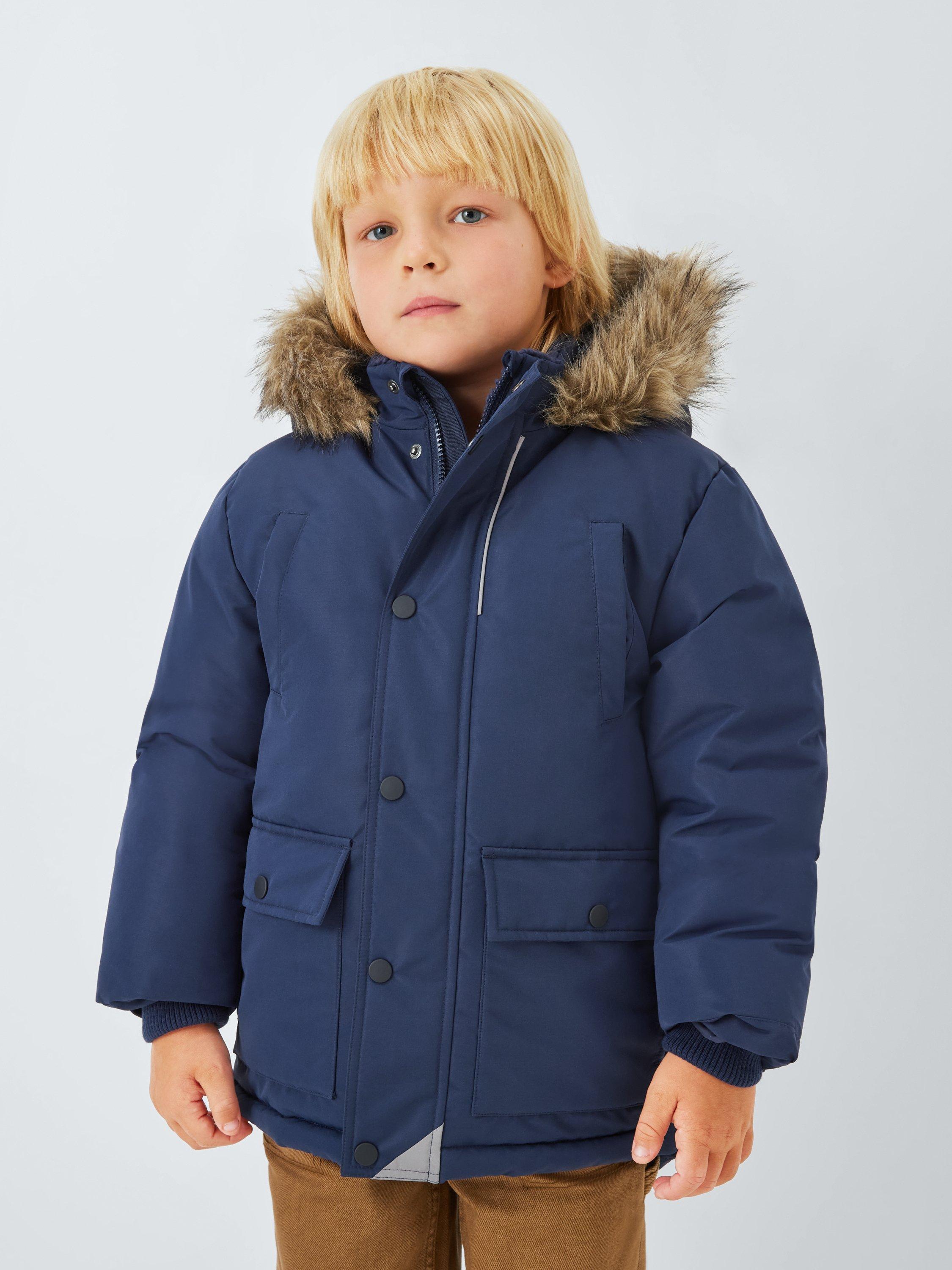 Product image 1 of 7, which shows John Lewis Kids' Shower Resistant Borg Lined Parka, Navy, 4 years