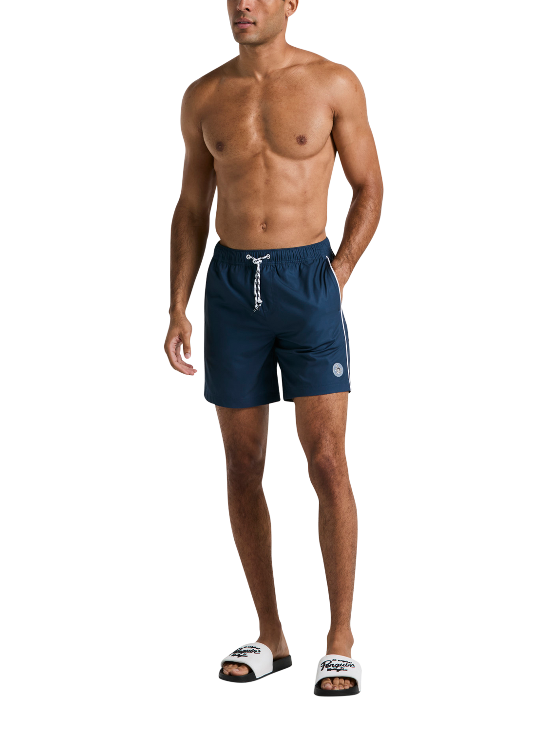 Product image 1 of 2, which shows Original Penguin Earl Volley Swim Shorts, Blue Wing Teal, S