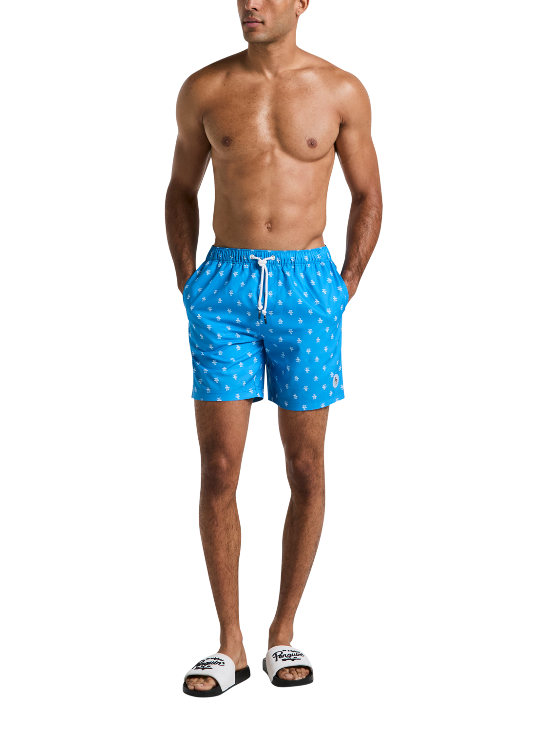 Product image 1 of 2, which shows Original Penguin Print Swim Shorts, Ibiza Blue/White, S