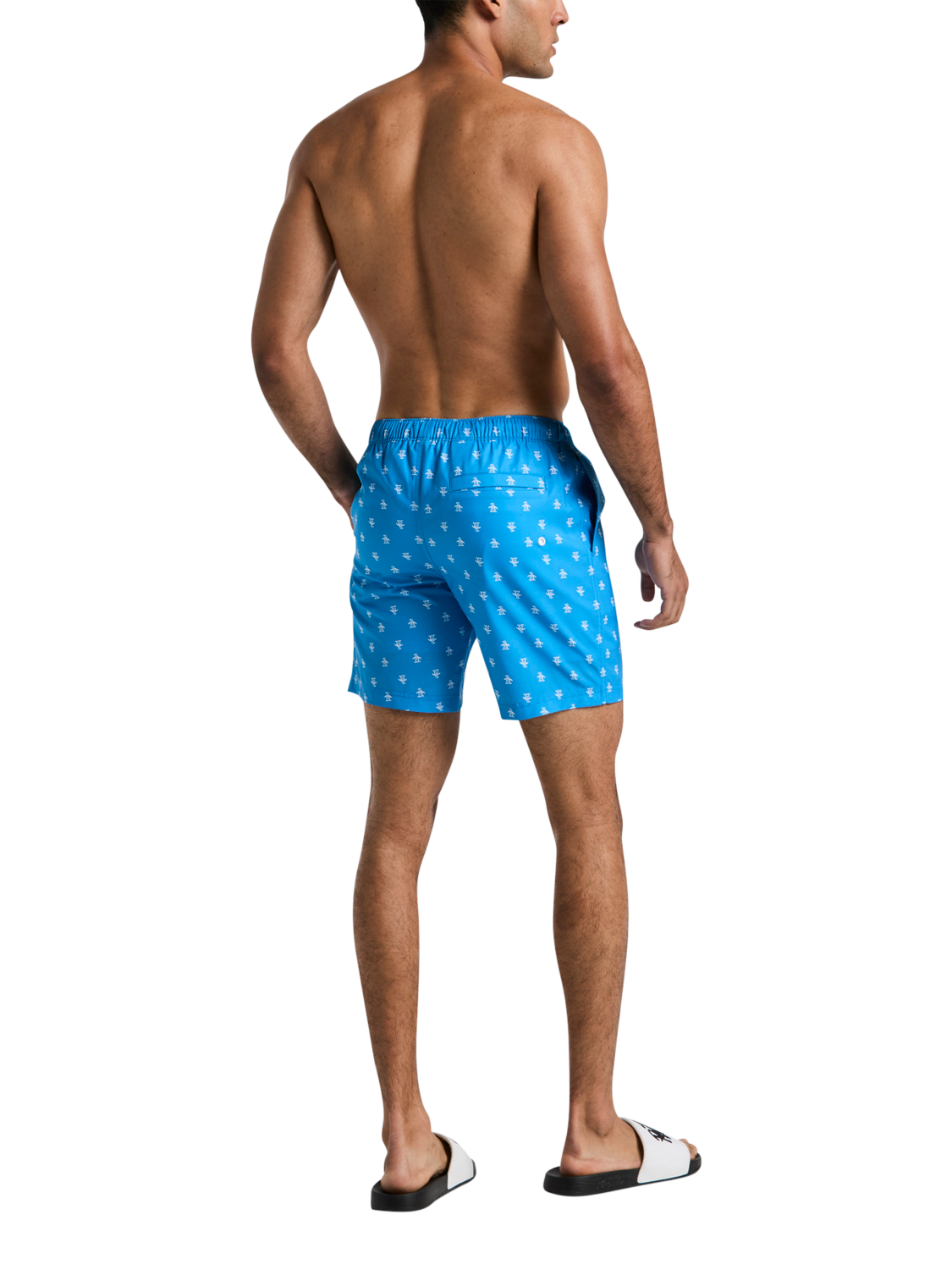Product image 2 of 2, which shows Original Penguin Print Swim Shorts, Ibiza Blue/White, S