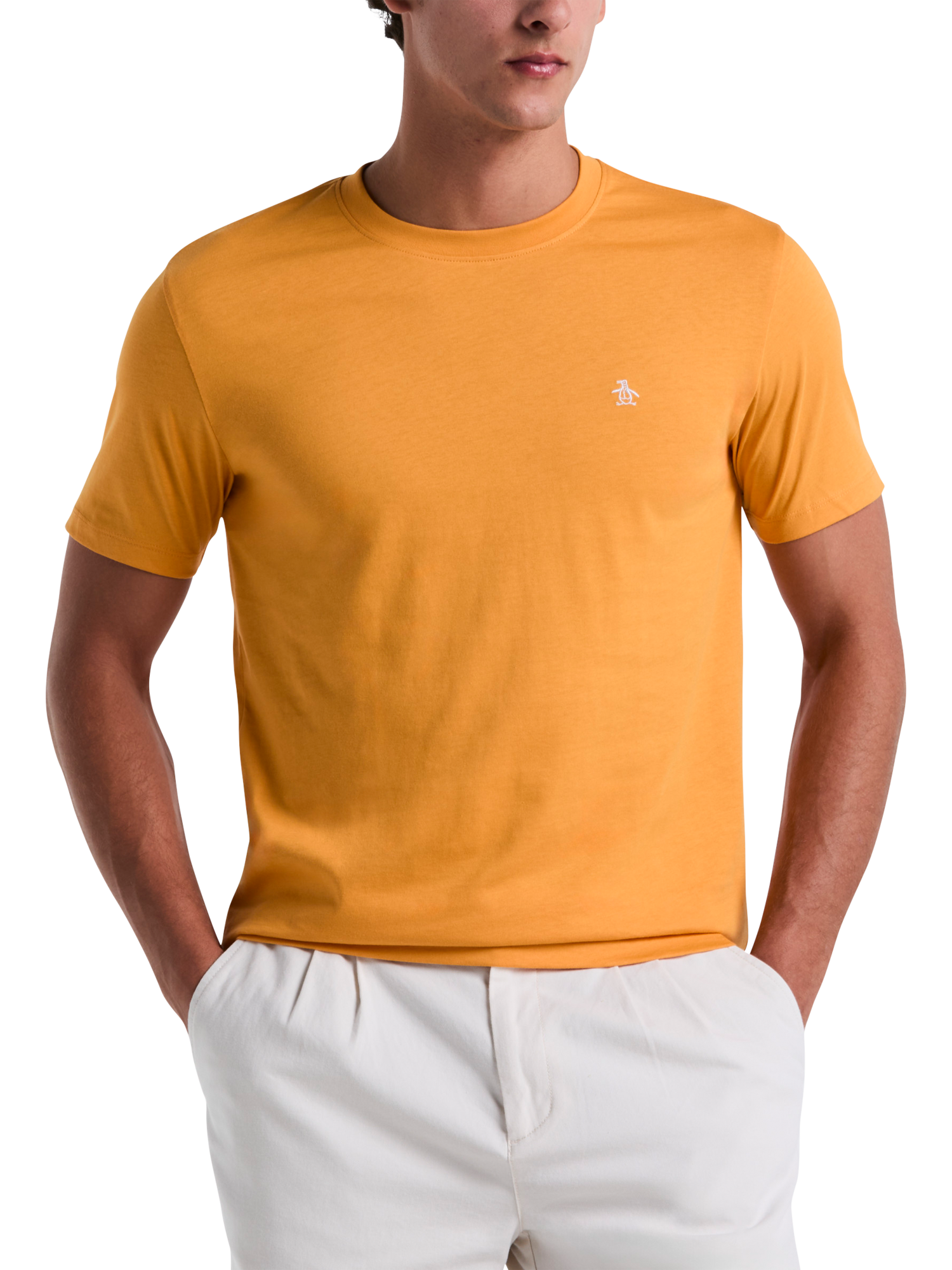 Product image 1 of 3, which shows Original Penguin Organic Cotton Regular Fit Embroidered Logo T-Shirt, Butterscotch, S