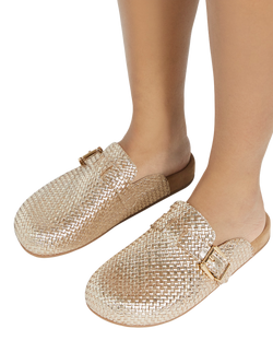 Dune London Glaized Metallic Woven Leather Clogs, Gold - view 2, Gold
