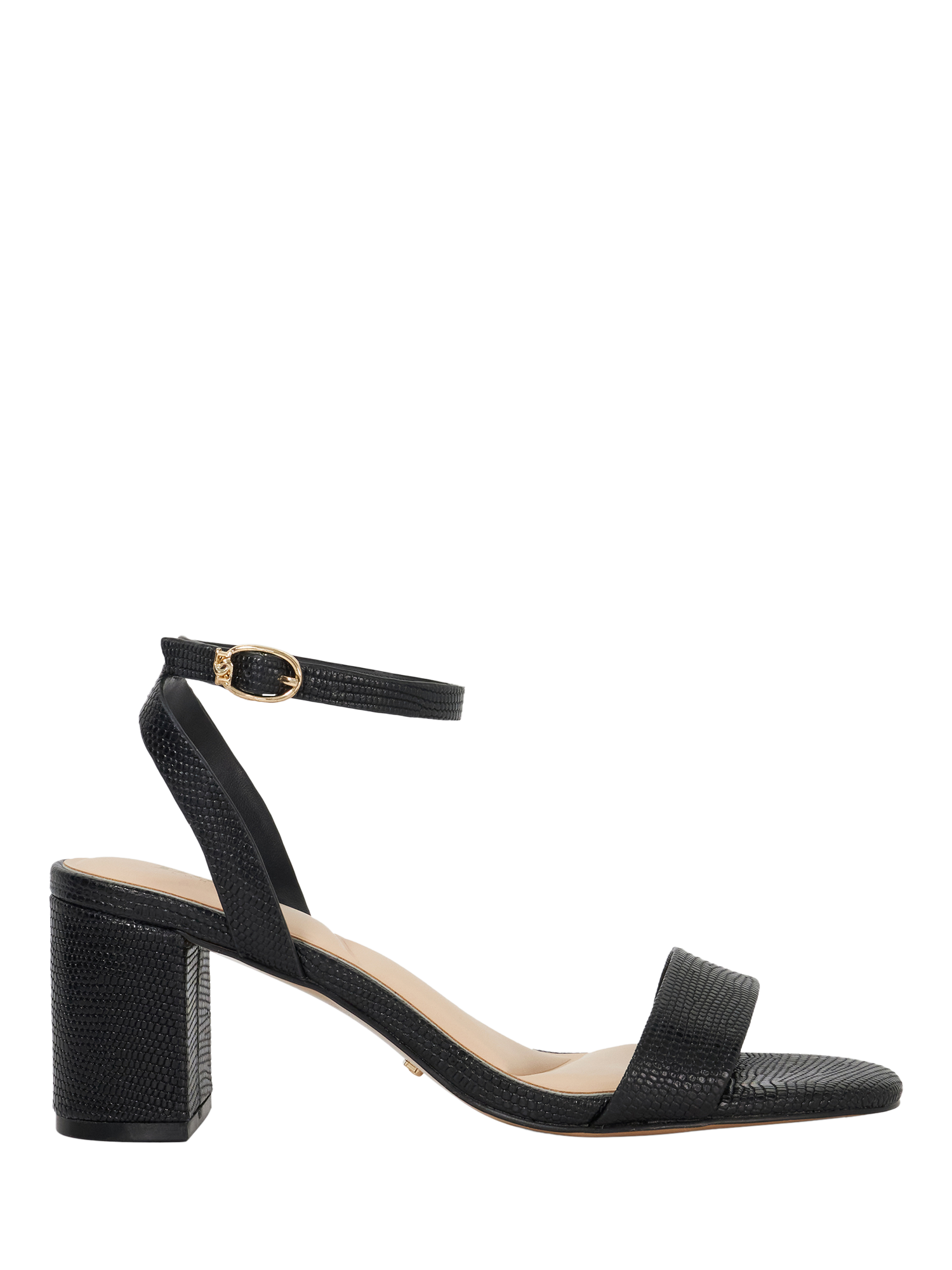 Product image 1 of 6, which shows Dune London Melini Snake Effect Leather Heeled Sandals, Black, EU36