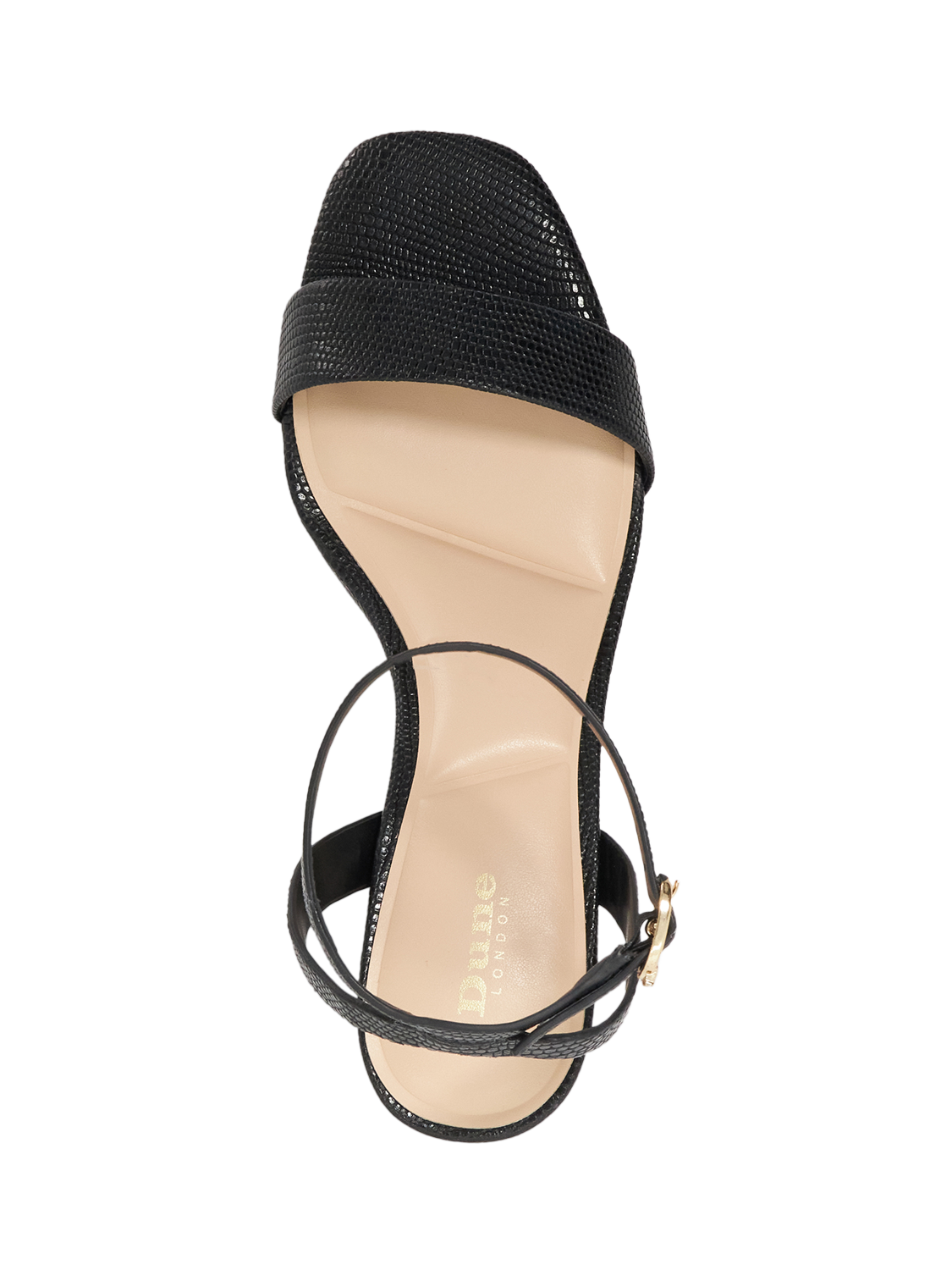 Product image 3 of 6, which shows Dune London Melini Snake Effect Leather Heeled Sandals, Black, EU36