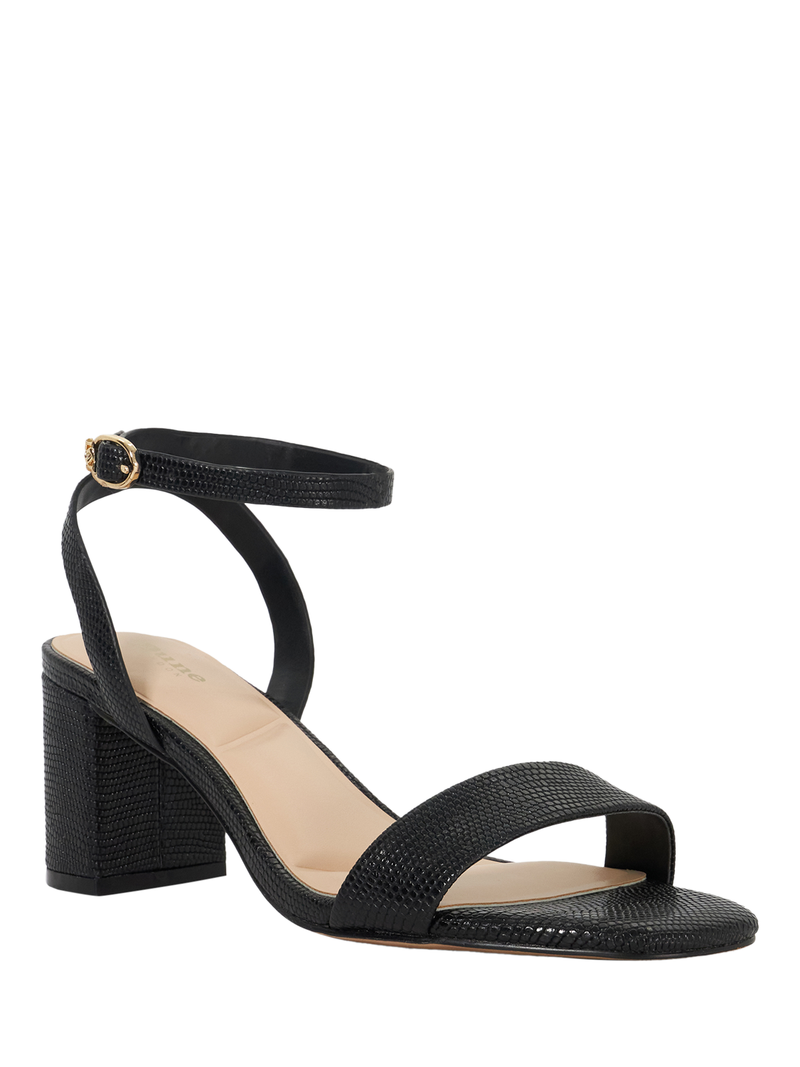 Product image 4 of 6, which shows Dune London Melini Snake Effect Leather Heeled Sandals, Black, EU36