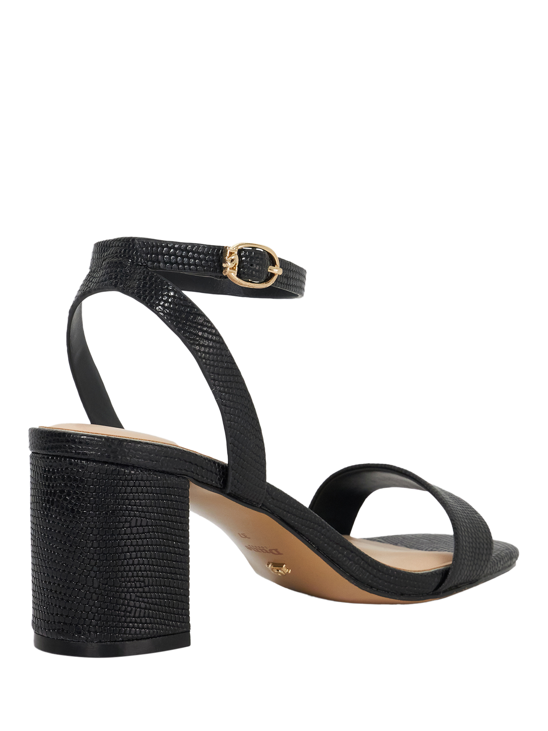 Product image 5 of 6, which shows Dune London Melini Snake Effect Leather Heeled Sandals, Black, EU36