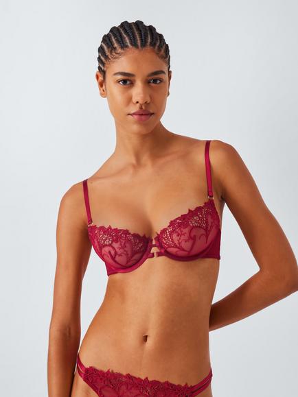 John Lewis Alexis Guipure Embroidered Underwired Bra, Claret Red