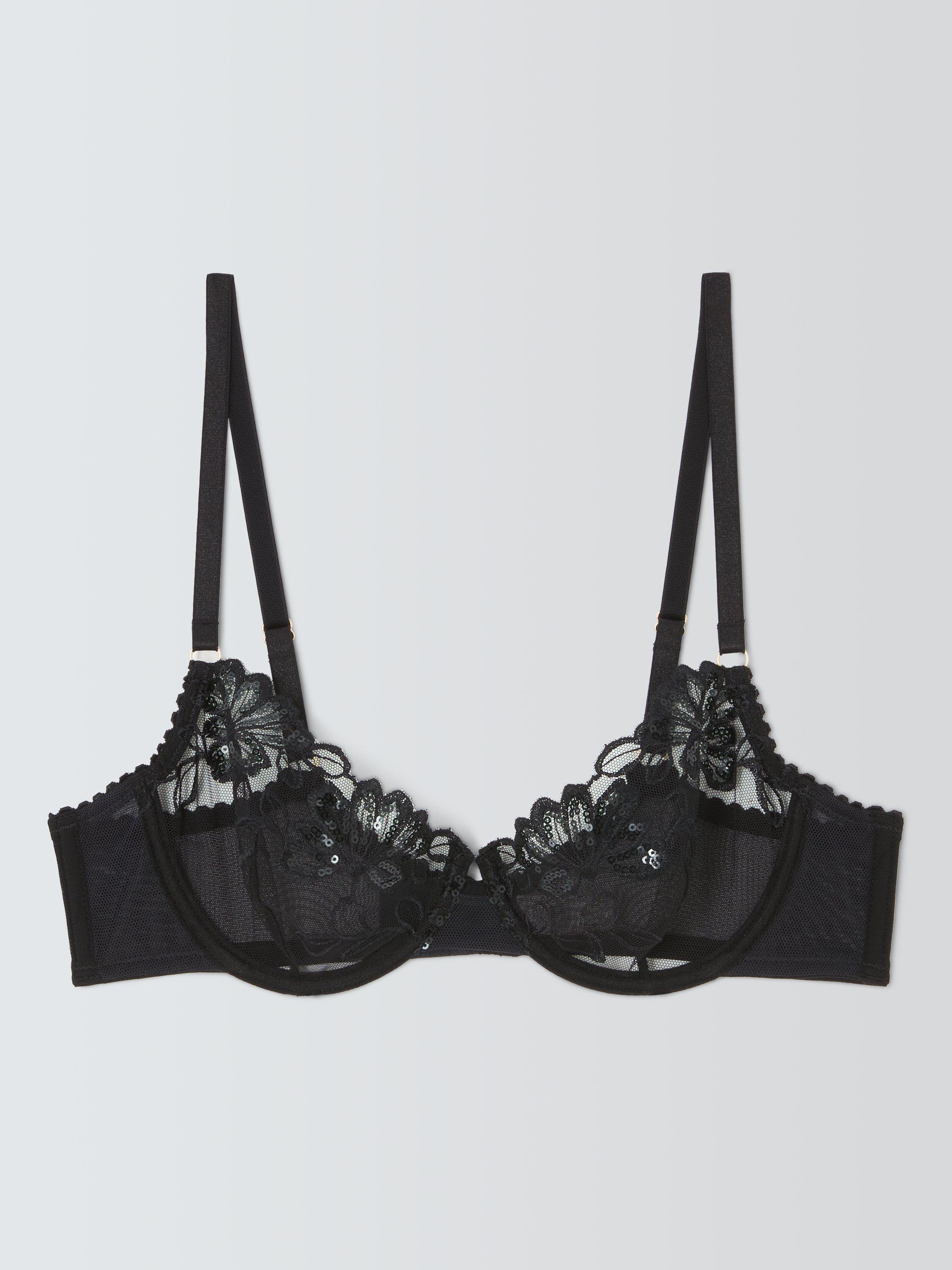 Product image 4 of 10, which shows John Lewis Kiki Sparkle Embroidered Non Padded Bra, Black, 30D