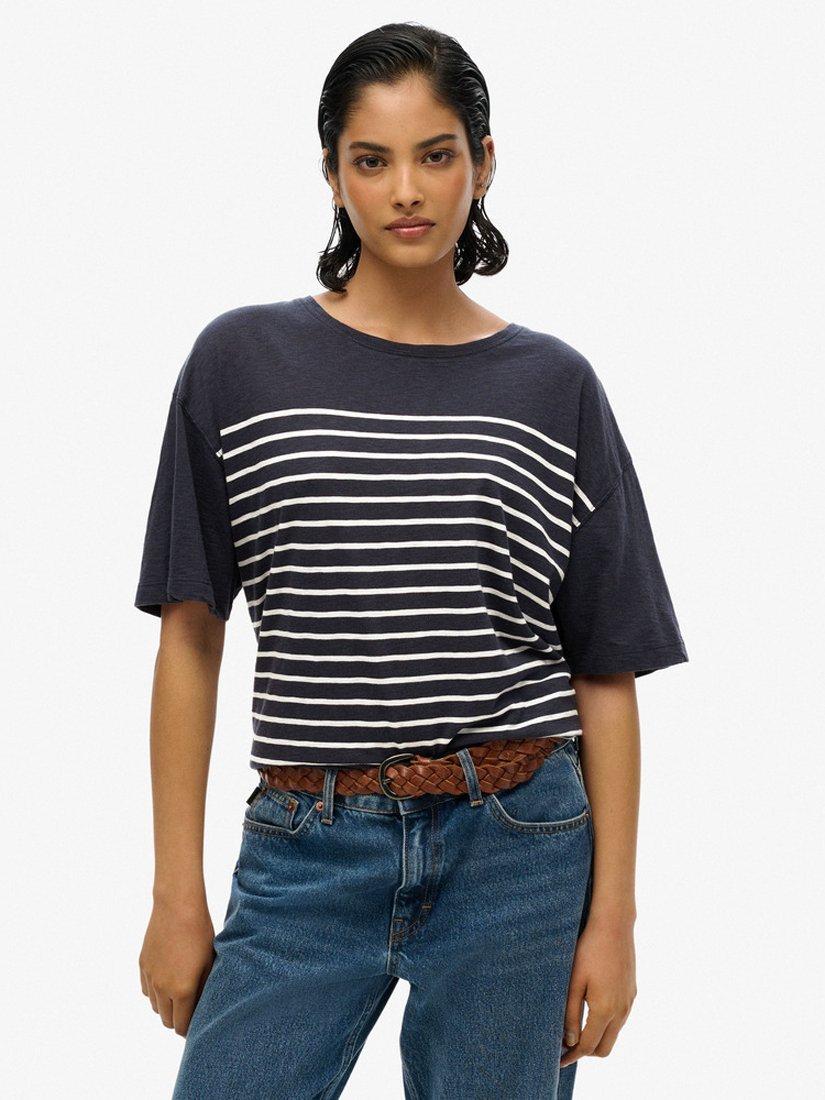 Product image 1 of 5, which shows Superdry Studios Dropped Shoulder Stripe T-Shirt, Navy/Optic, 8