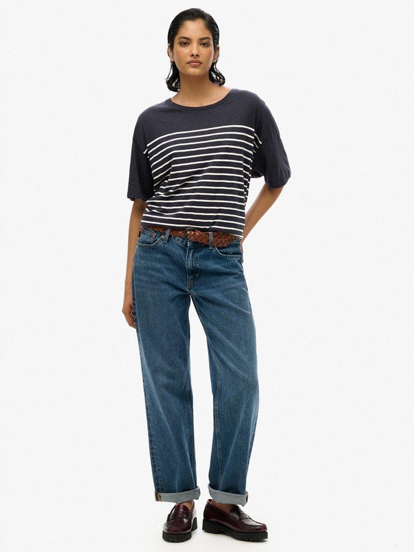 Product image 3 of 5, which shows Superdry Studios Dropped Shoulder Stripe T-Shirt, Navy/Optic, 8