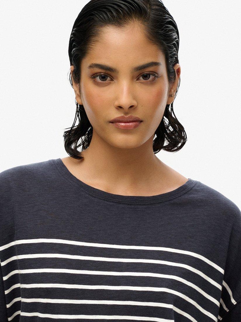 Product image 4 of 5, which shows Superdry Studios Dropped Shoulder Stripe T-Shirt, Navy/Optic, 8