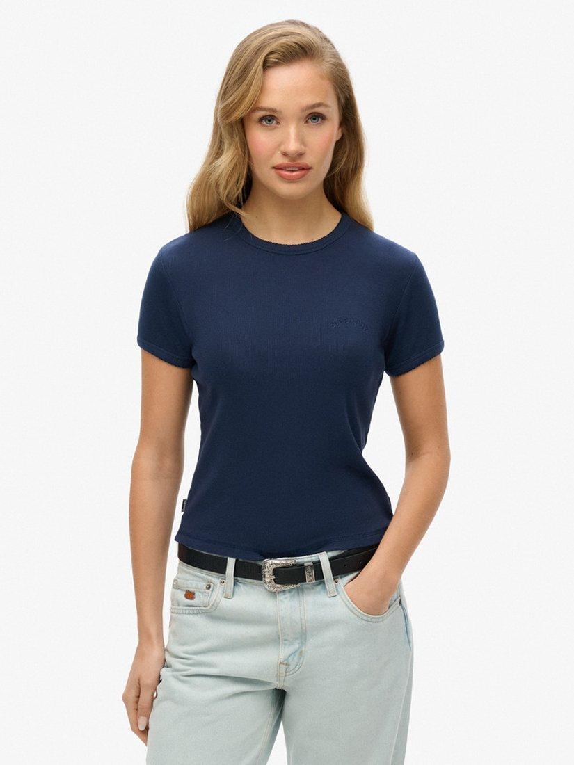 Product image 1 of 4, which shows Superdry Athletic Essentials Logo Rib T-Shirt, Richest Navy, 8
