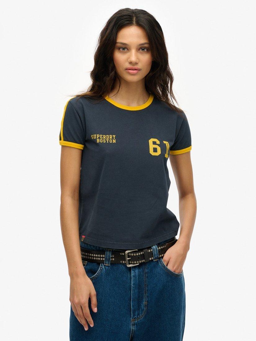 Product image 1 of 5, which shows Superdry Atheltic Essential Stripe Organic Cotton Rich T-Shirt, Eclipse Navy, 8