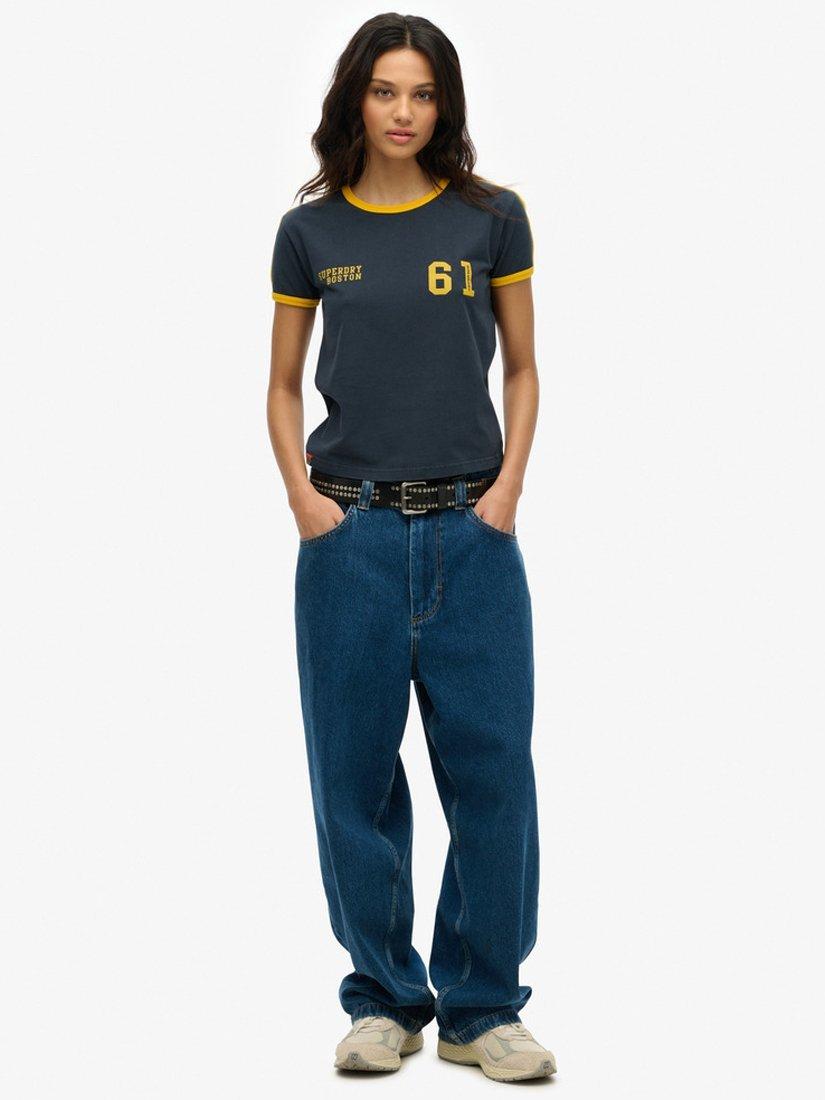 Product image 3 of 5, which shows Superdry Atheltic Essential Stripe Organic Cotton Rich T-Shirt, Eclipse Navy, 8