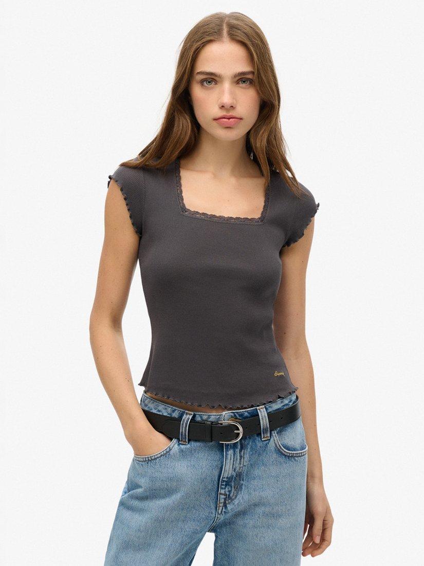 Product image 1 of 5, which shows Superdry Essential Square Neck Short Sleeve T-Shirt, Charcoal, 8