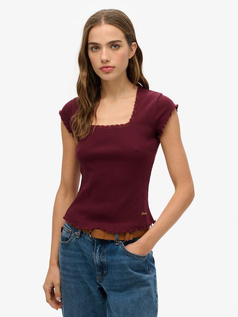 Product image 1 of 5, which shows Superdry Essential Square Neck Short Sleeve T-Shirt, Port Red, 8