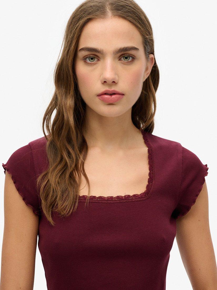 Product image 4 of 5, which shows Superdry Essential Square Neck Short Sleeve T-Shirt, Port Red, 8