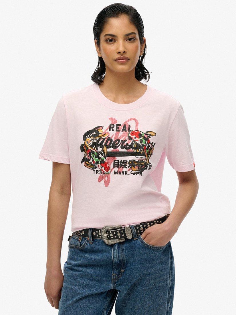 Product image 1 of 5, which shows Superdry Vintage Logo Tokyo Relaxed T-Shirt, Rose Pink Slub, 8