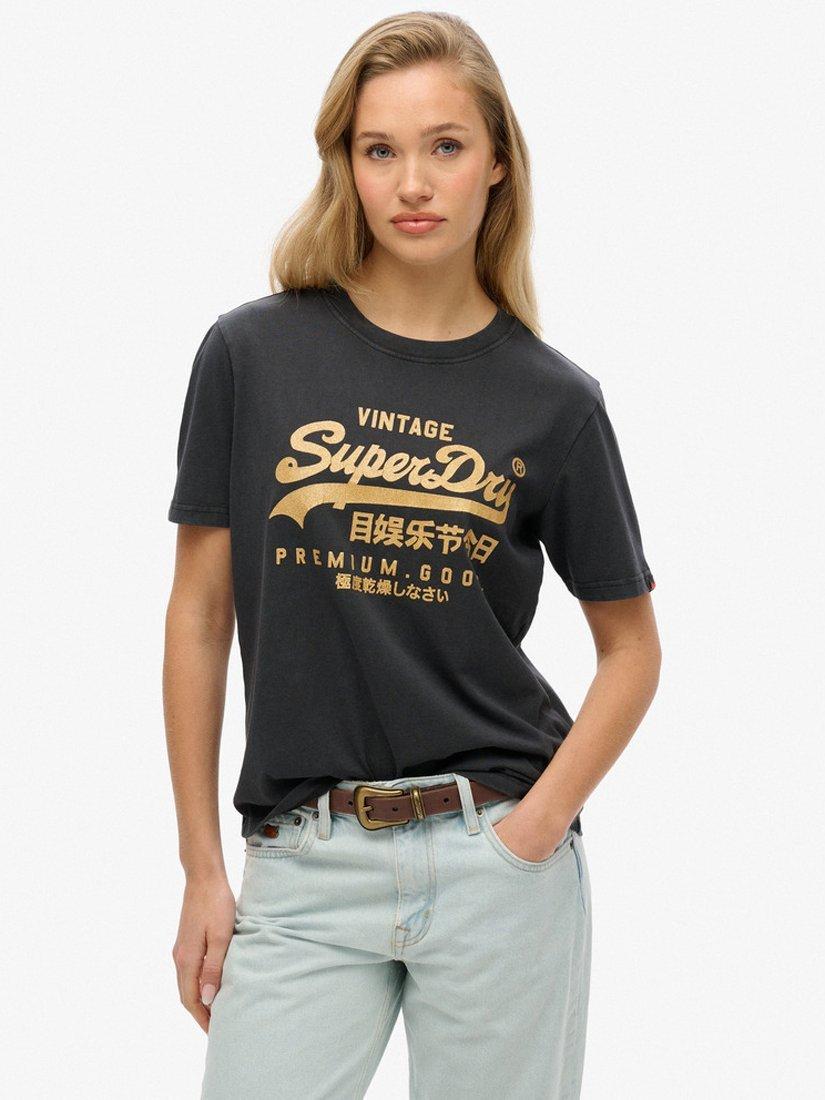 Product image 1 of 4, which shows Superdry Vintage Logo Metallic T-Shirt, Mid Back In Black, 12