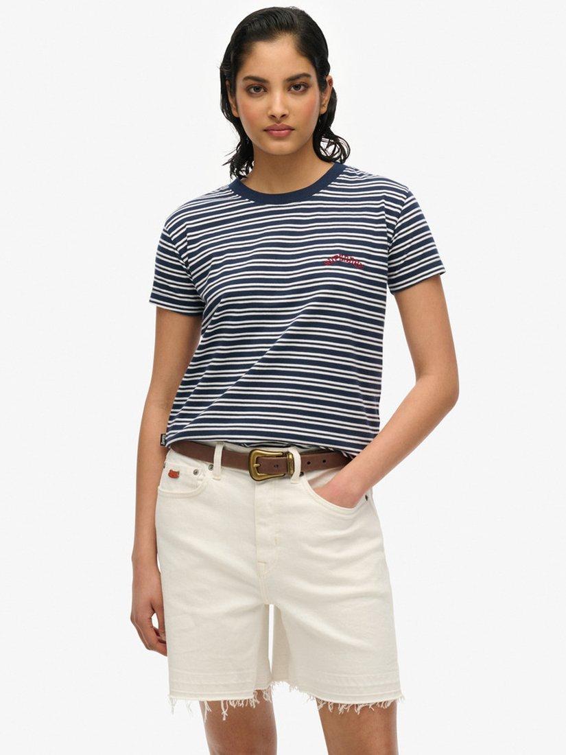 Product image 1 of 5, which shows Superdry Essential Logo Stripe Pure Organic Cotton T-Shirt, Richest Navy, 8