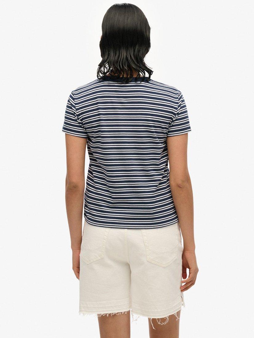 Product image 2 of 5, which shows Superdry Essential Logo Stripe Pure Organic Cotton T-Shirt, Richest Navy, 8