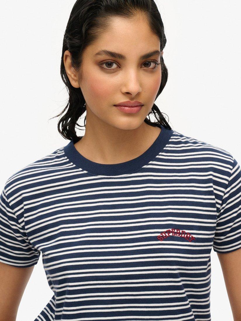 Product image 4 of 5, which shows Superdry Essential Logo Stripe Pure Organic Cotton T-Shirt, Richest Navy, 8