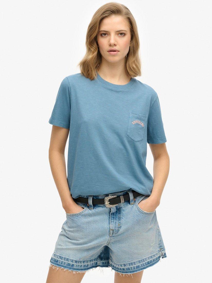 Product image 1 of 5, which shows Superdry Essential Logo Garment Dye Pocket T-Shirt, Copen Blue, 8