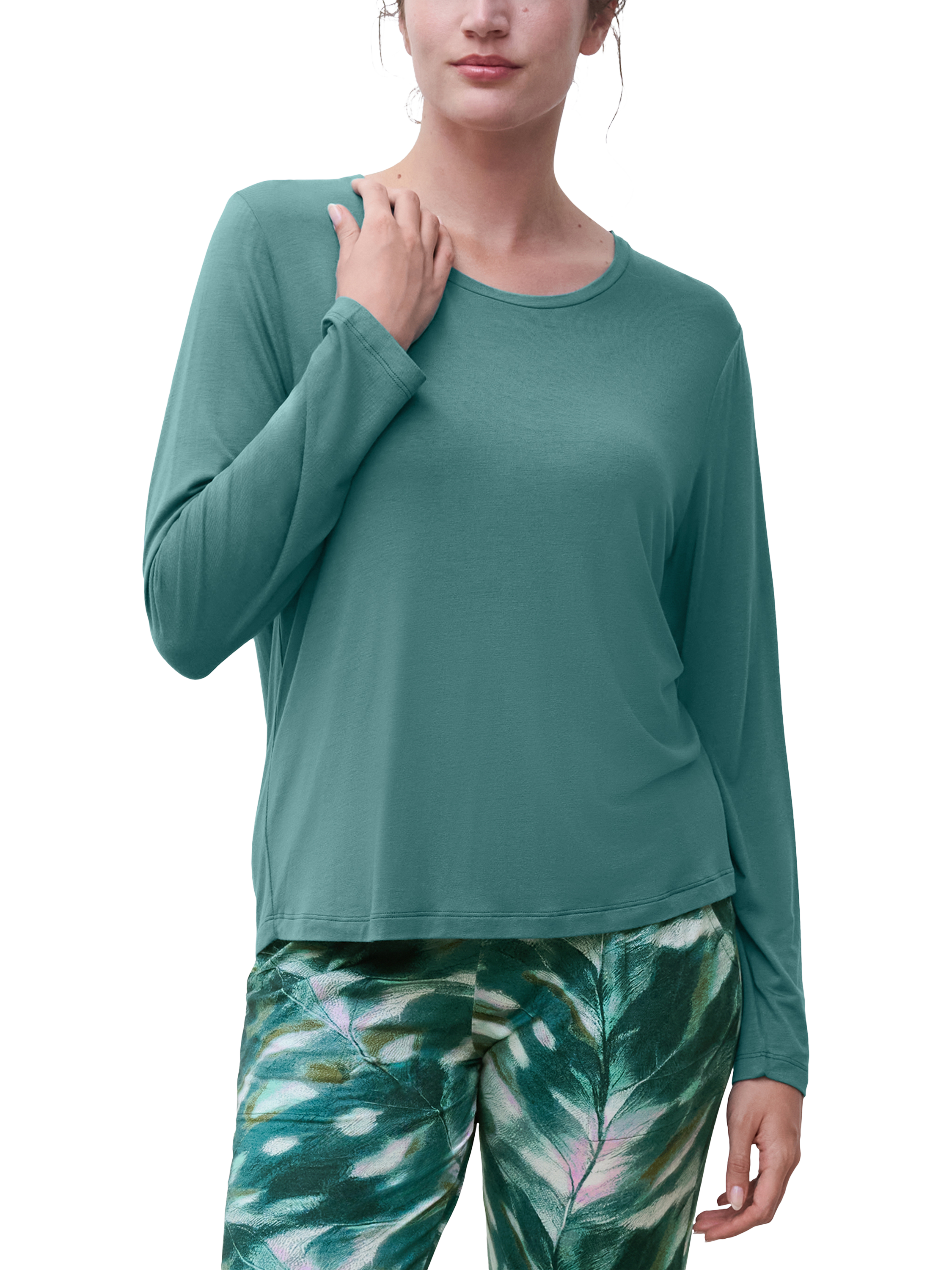 Product image 1 of 5, which shows Femilet Yara Soft Feel Long Sleeve Pyjama Top, Peacock Green, XS