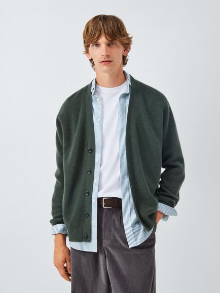 John Lewis Cashmere Rib Knit V-Neck Cardigan, Dark Sage