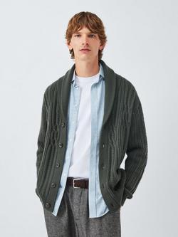 John Lewis Merino Wool Blend Cable Knit Shawl Neck Cardigan, Dark Sage