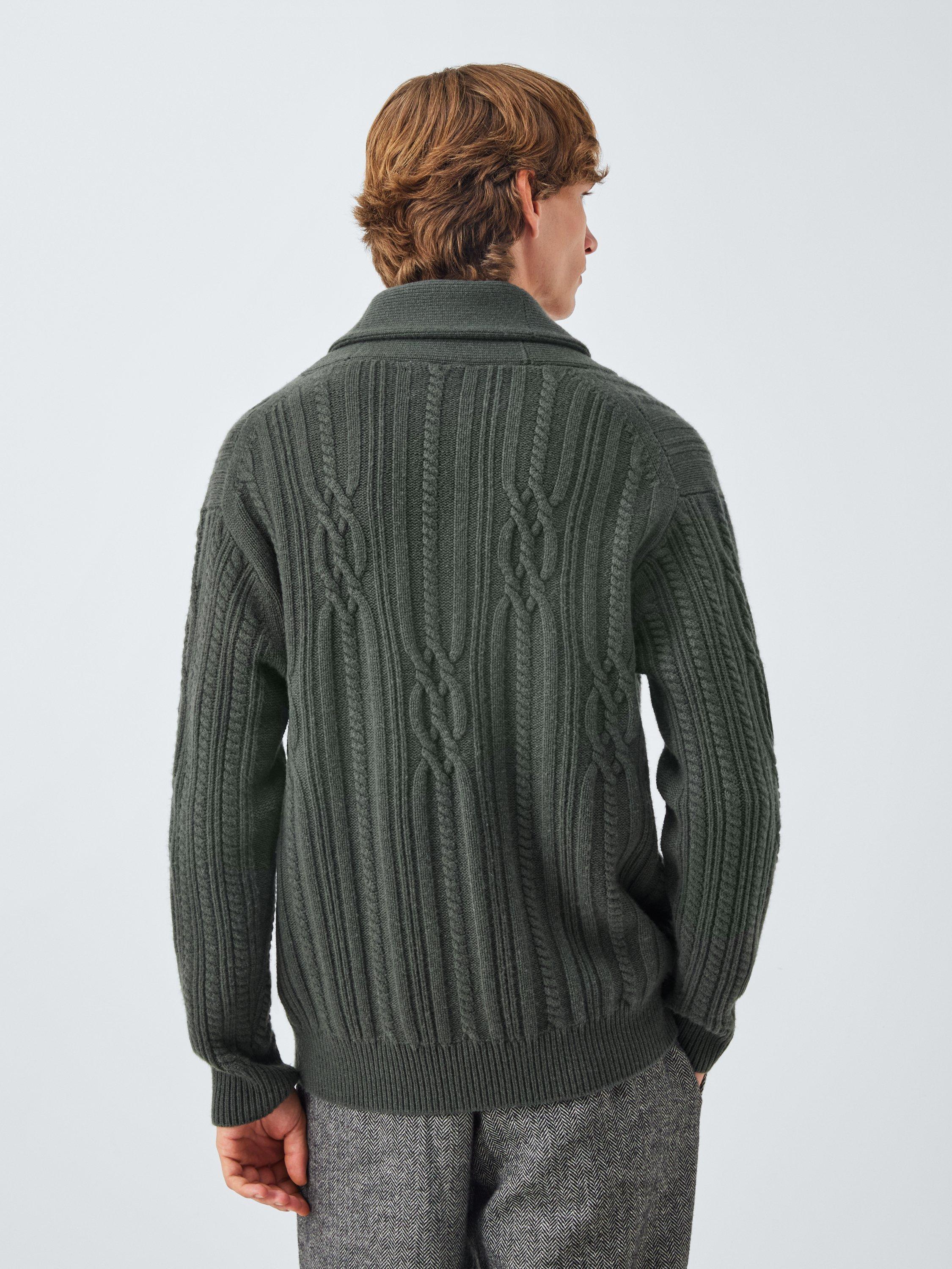 John Lewis Merino Wool Blend Cable Knit Shawl Neck Cardigan, Dark Sage