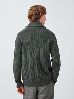 John Lewis Merino Wool Blend Cable Knit Shawl Neck Cardigan - view 2, Dark Sage