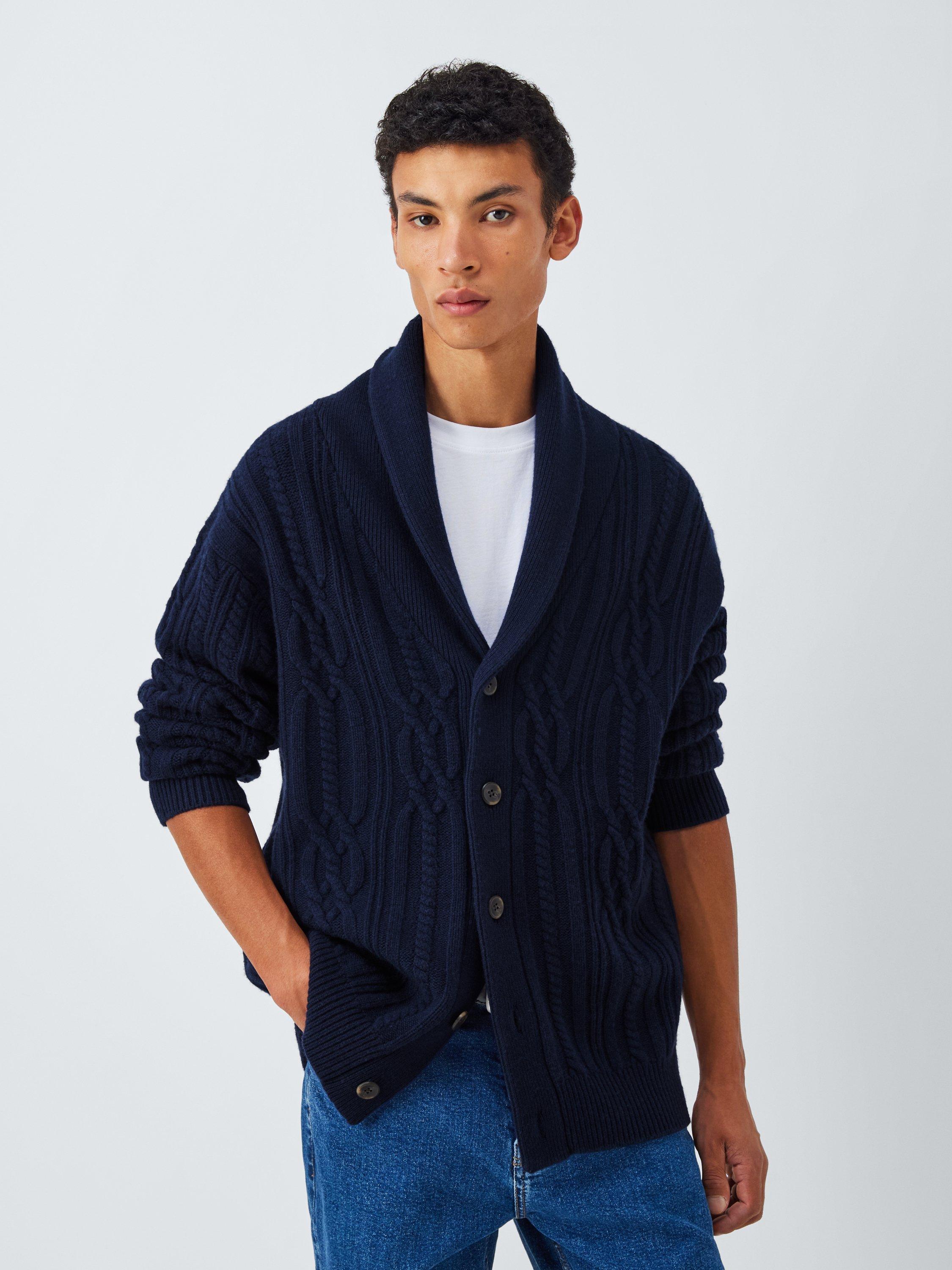 John Lewis Merino Wool Blend Cable Knit Shawl Neck Cardigan, Navy
