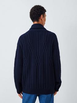 John Lewis Merino Wool Blend Cable Knit Shawl Neck Cardigan - view 2, Navy