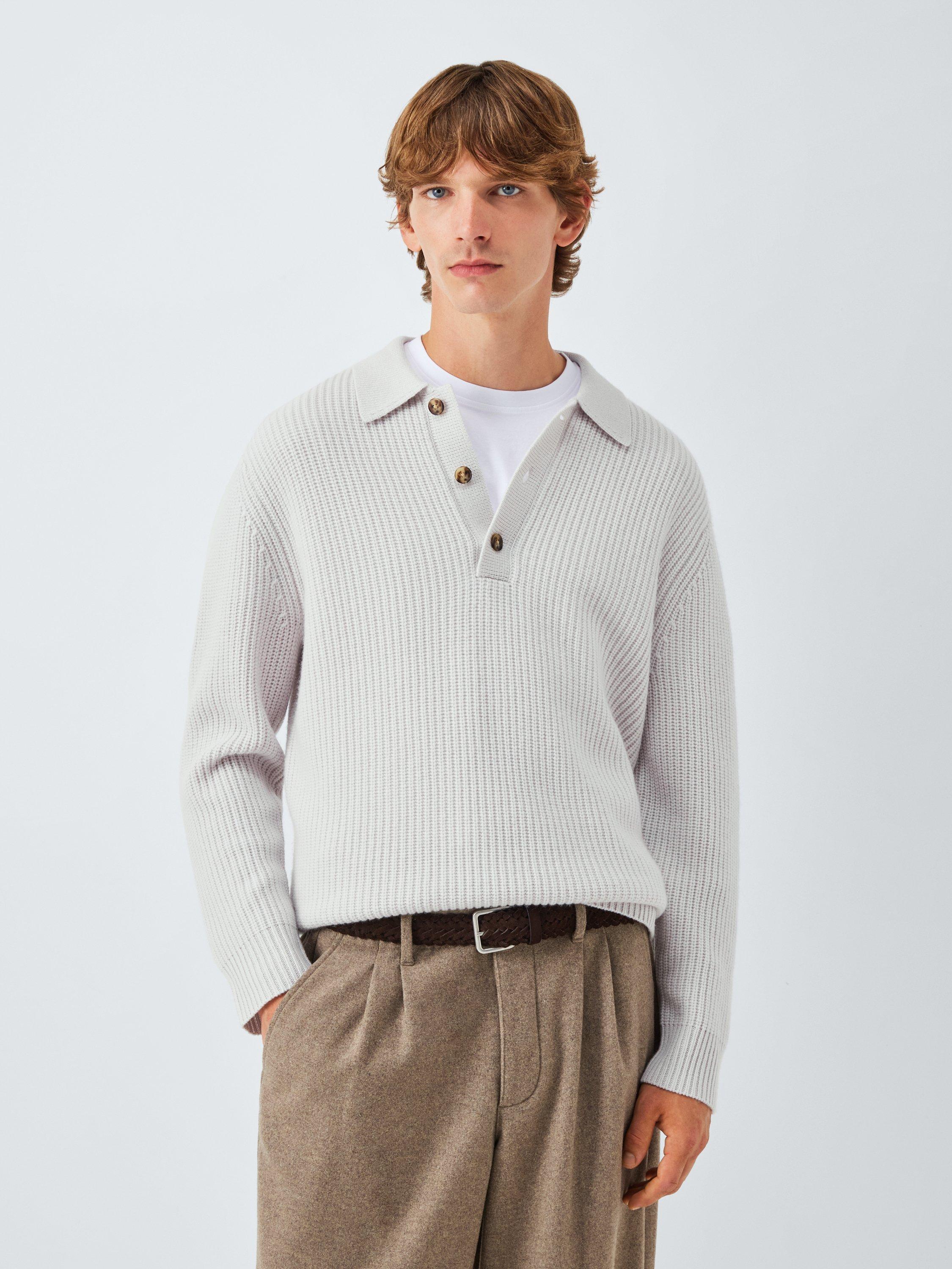 John Lewis Merino Wool with Cashmere Rib Knit Polo Collar Jumper