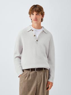 John Lewis Merino Wool Blend Rib Knit Polo Collar Jumper, Chalk