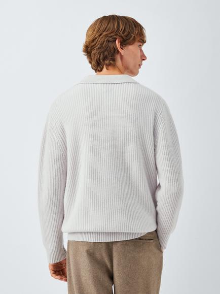 John Lewis Merino Wool Blend Rib Knit Polo Collar Jumper - view 2, Chalk